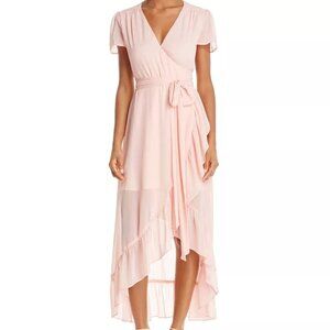 WAYF Blush Pink Ruffle Wrap Dress Medium High Low Midi Wedding Guest